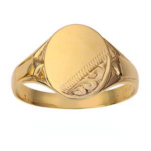9ct Gold 13x12mm gents engraved oval Signet Ring Sizes R-X