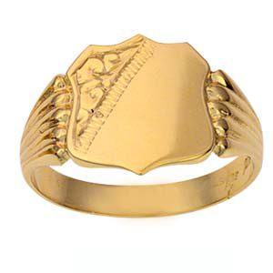 9ct Gold 12x14mm gents engraved shield shaped Signet Ring Sizes R-X