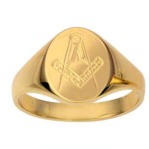 9ct Gold 14x11mm gents Masonic engraved oval Signet Ring Sizes R-W