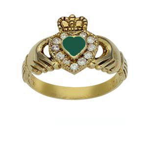 9ct Gold 13mm Green Agate & CZ set ladies Claddagh Ring Sizes J-Q