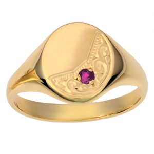 9ct Gold 14x12mm solid hand engraved oval garnet set Signet Ring Sizes R-Z