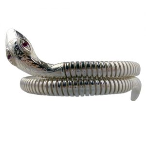 Silver single coil Snake Bracelet set with Ruby eyes