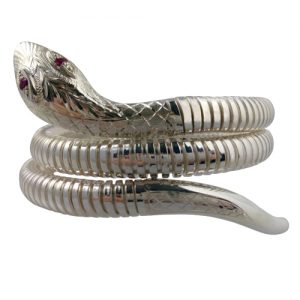 Silver double coil Snake Bracelet set with Ruby eyes