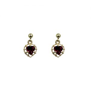 9ct Gold 11x7mm filigree heart Dropper Earrings set with Garnet