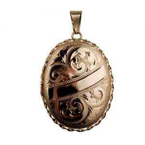 9ct Rose Gold 37x28mm oval hand engraved twisted wire edge Locket