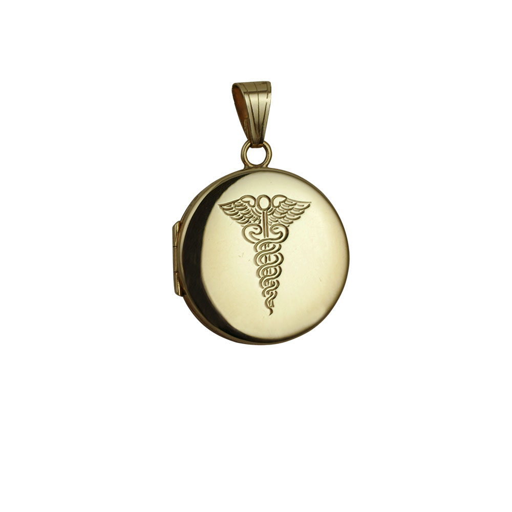 Doctor Locket 9ct Gold 23mm round hand engraved medical alarm symbol flat Locket ...