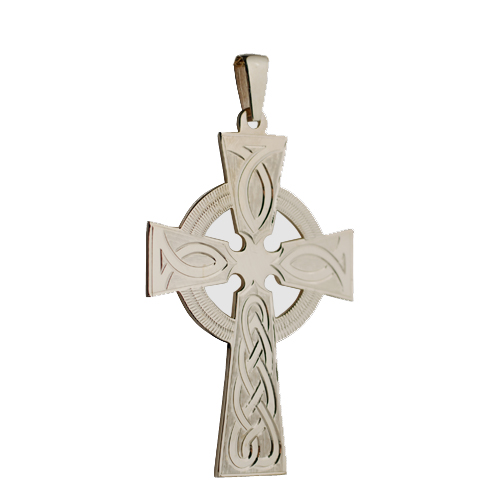 9ct Gold 50x36mm hand engraved knot pattern Celtic Cross on a bail loop