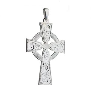 Silver 50x36mm hand engraved Celtic Cross on a bail loop