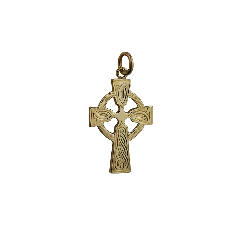 9ct Gold 28x20mm hand engraved knot pattern Celtic Cross