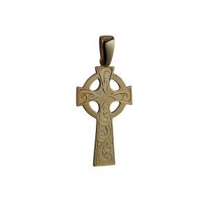 9ct Gold 45x20mm hand engraved Celtic Cross on a bail loop
