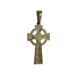 9ct Gold 45x20mm hand engraved knot pattern Celtic Cross on a bail loop