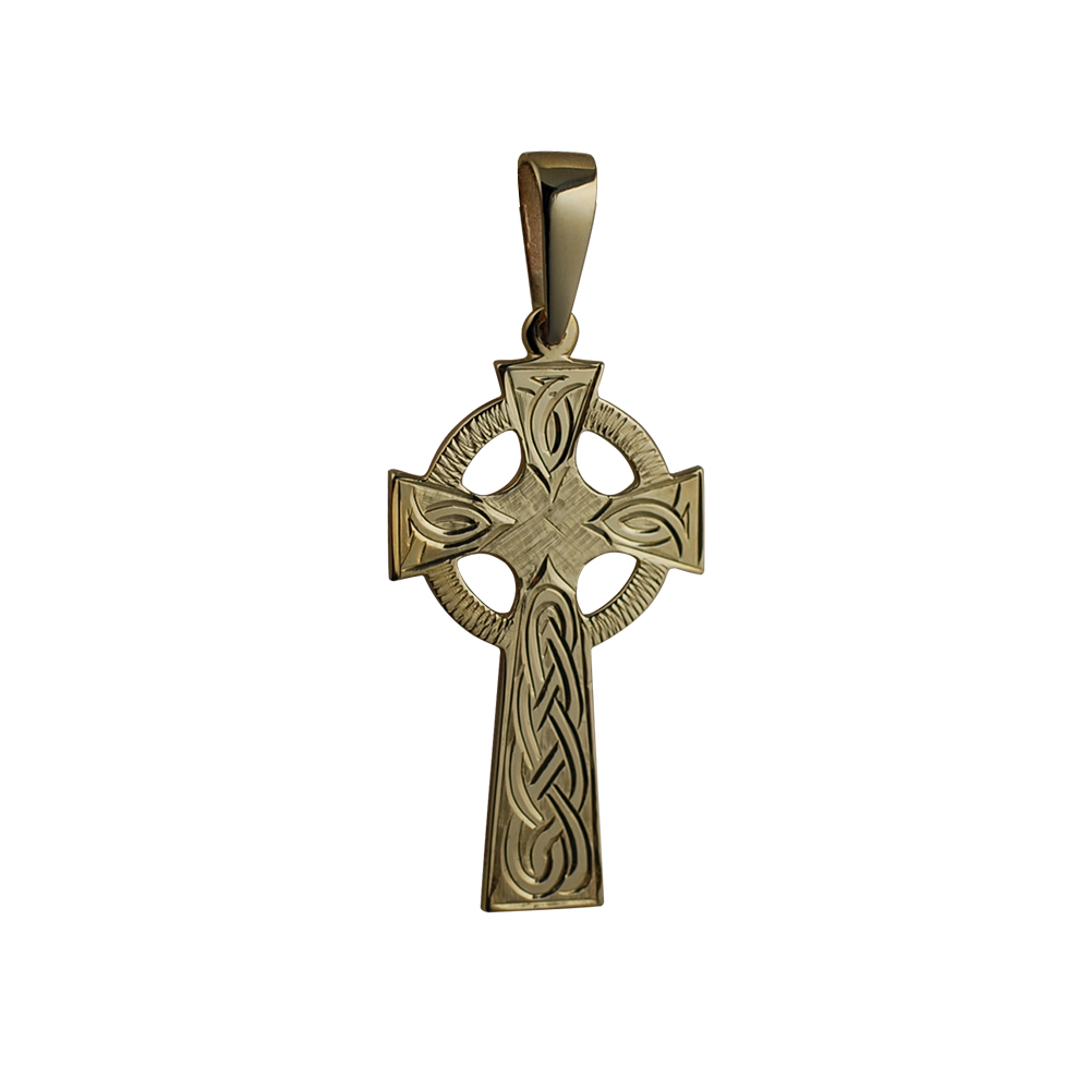 9ct Gold 45x20mm hand engraved knot pattern Celtic Cross on a bail loop