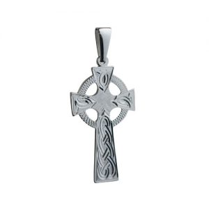 Silver 45x20mm hand engraved knot pattern Celtic Cross on a bail loop with
