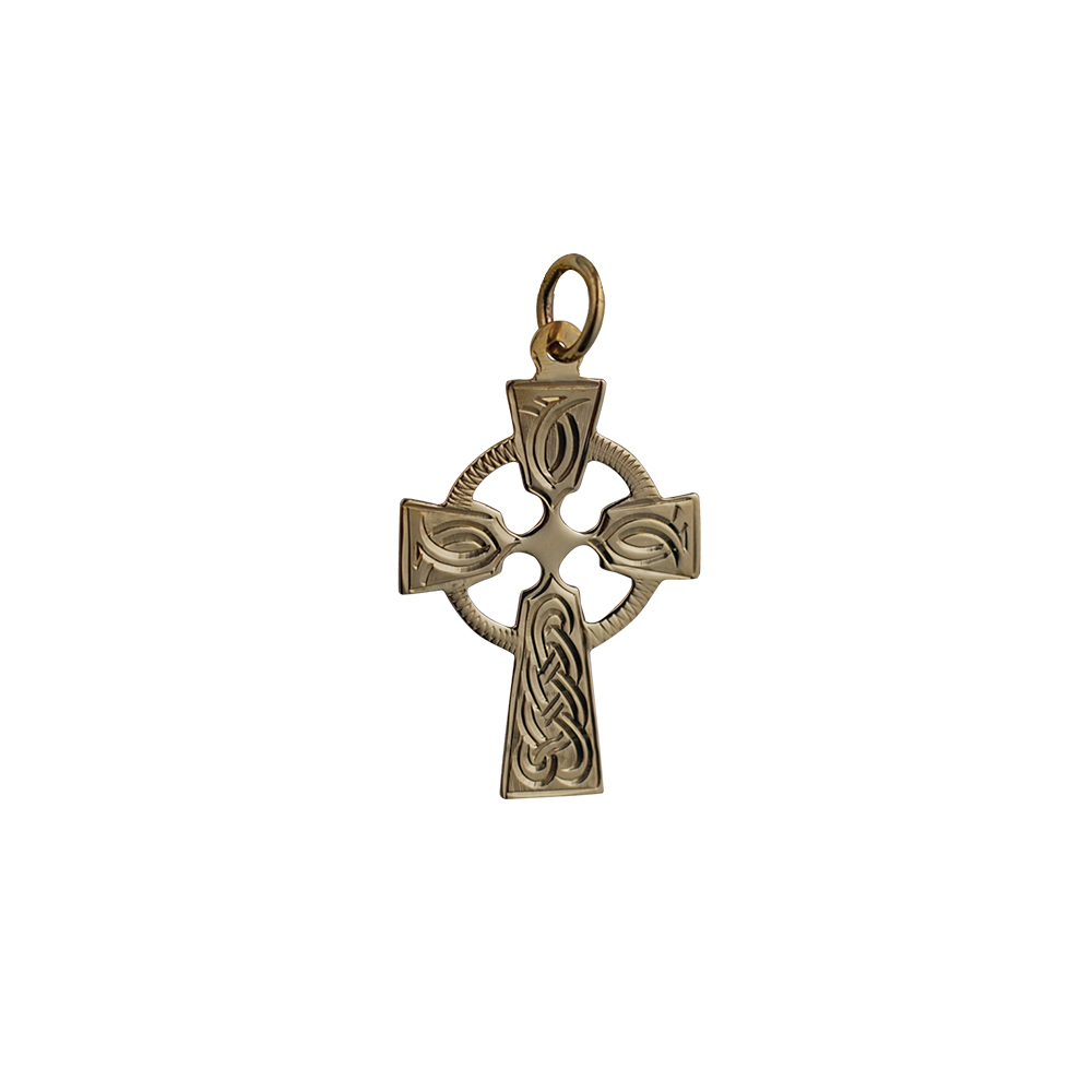 9ct Gold 23x16mm hand engraved knot pattern Celtic Cross