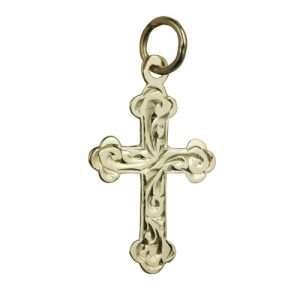 9ct Gold 20x14mm hand engraved club end edge Cross