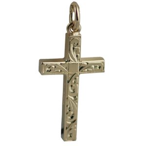 9ct Gold 25x15mm hand engraved solid block Cross