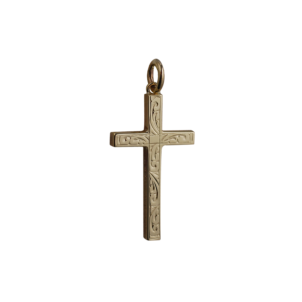 9ct Gold 30x18mm hand engraved solid block Cross