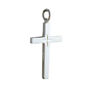 Silver 30x18mm diamond cut star solid block Cross