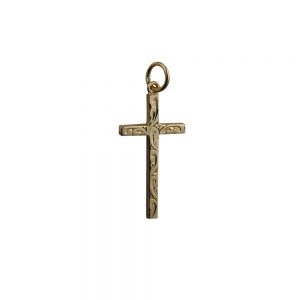 9ct Gold 25x14mm hand engraved solid block Cross