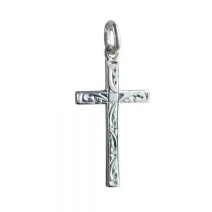 Silver 25x15mm hand engraved solid block Cross