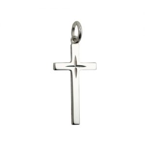 Silver 25x15mm diamond cut star solid block Cross
