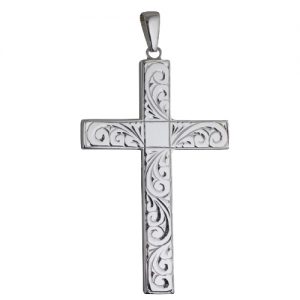 Silver 60x38mm hand engraved solid block Cross on a bail loop