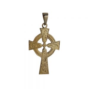 9ct Gold 40x29mm hand engraved Celtic Cross on a bail loop