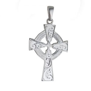 Silver 40x29mm hand engraved Celtic Cross on a bail loop