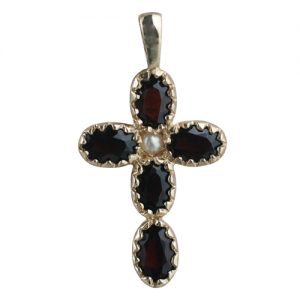 9ct Gold 25x16mm Cross set with 5 Garnets and 1 Pearl
