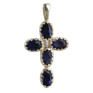9ct Gold 25x16mm Cross set with 5 Lolite and 1 Pearl