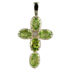 9ct Gold 25x16mm Cross set with 5 Peridot and 1 Pearl