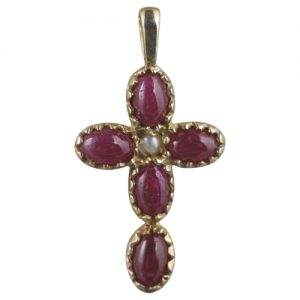 9ct Gold 25x16mm Cross set with 5 Rubies and 1 Pearl