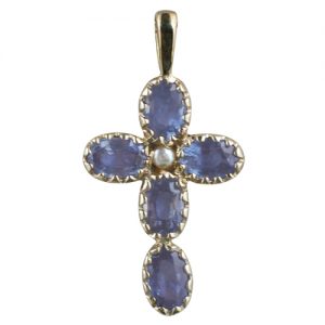 9ct Gold 25x16mm Cross set with 5 Sapphires and 1 Pearl