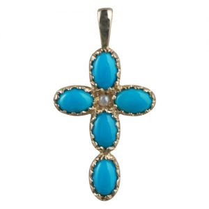 9ct Gold 25x16mm Cross set with 5 Turquoise and 1 Pearl