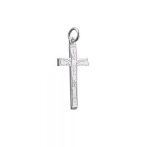 Silver 30x16mm hand engraved flat latin Cross with bevelled ends