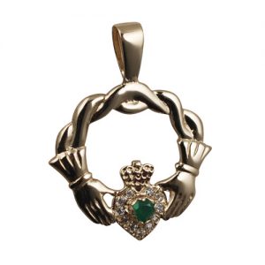 9ct Gold 27x30mm Claddagh Pendant set with Green Agate and CZ's