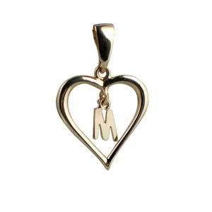 9ct Gold 18x18mm Initial M in a Heart Pendant on a bail loop