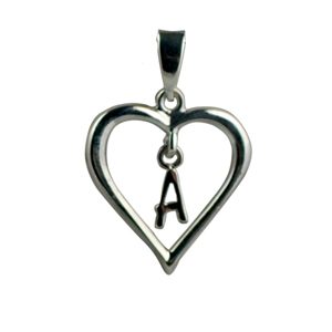 Silver 18x18mm Initial A in a Heart Pendant on a bail loop