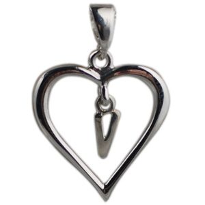 Silver 18x18mm Initial V in a Heart Pendant on a bail loop