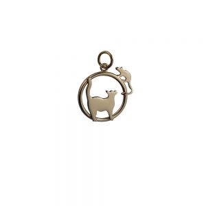 9ct Gold 20x17mm Cat looking right and Mouse in a circle Pendant or Charm