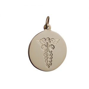 18ct Gold 19mm round hand engraved medical alarm symbol Disc Pendant