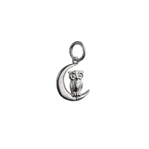 Silver 16x10mm solid Owl and Moon Pendant or Charm