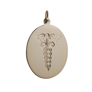 18ct Gold 26x21mm oval hand engraved medical alarm symbol Disc Pendant