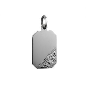 Silver 18x12mm hand engraved cut corner rectangular Disc Pendant