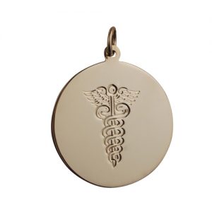 9ct Gold 26mm round hand engraved medical alarm symbol Disc Pendant