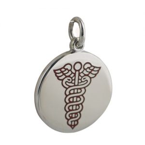 Silver 19mm round medical alarm Disc Pendant with vitreous red enamel