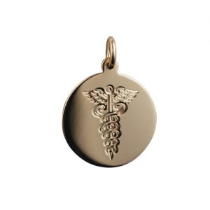 9ct Gold 20mm round hand engraved medical alarm symbol Disc Pendant