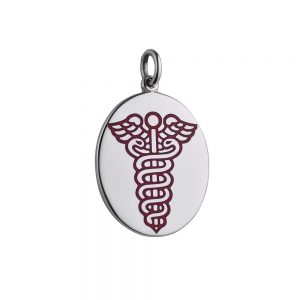 Silver 25x20mm oval medical alarm Disc Pendant with vitreous red enamel