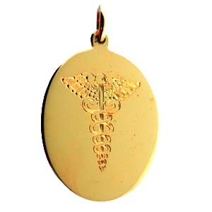 18ct Gold 27x21mm oval hand engraved medical alarm symbol Disc Pendant