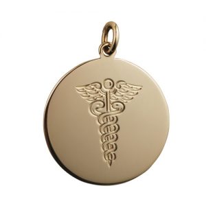 9ct Gold 26mm round hand engraved medical alarm symbol Disc Pendant
